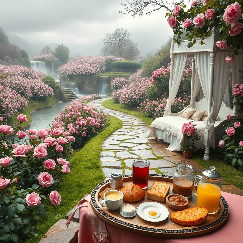 باغ گل رز صورتی جاده ای پرپیچ و خم سنگی 
دو سوی جاده پوشیده کامل از هزاران گل رز صورتی و رودها آبشارها باغ را در برگرفته اند در روز بهاری بارانی 
یک گوشه تخت خواب سفید سلطنتی قرون وسطایی دخترانه و سینی صبحانه 
پر نان کره خامه عسل مربا باقلوا شیر انگور سیب10