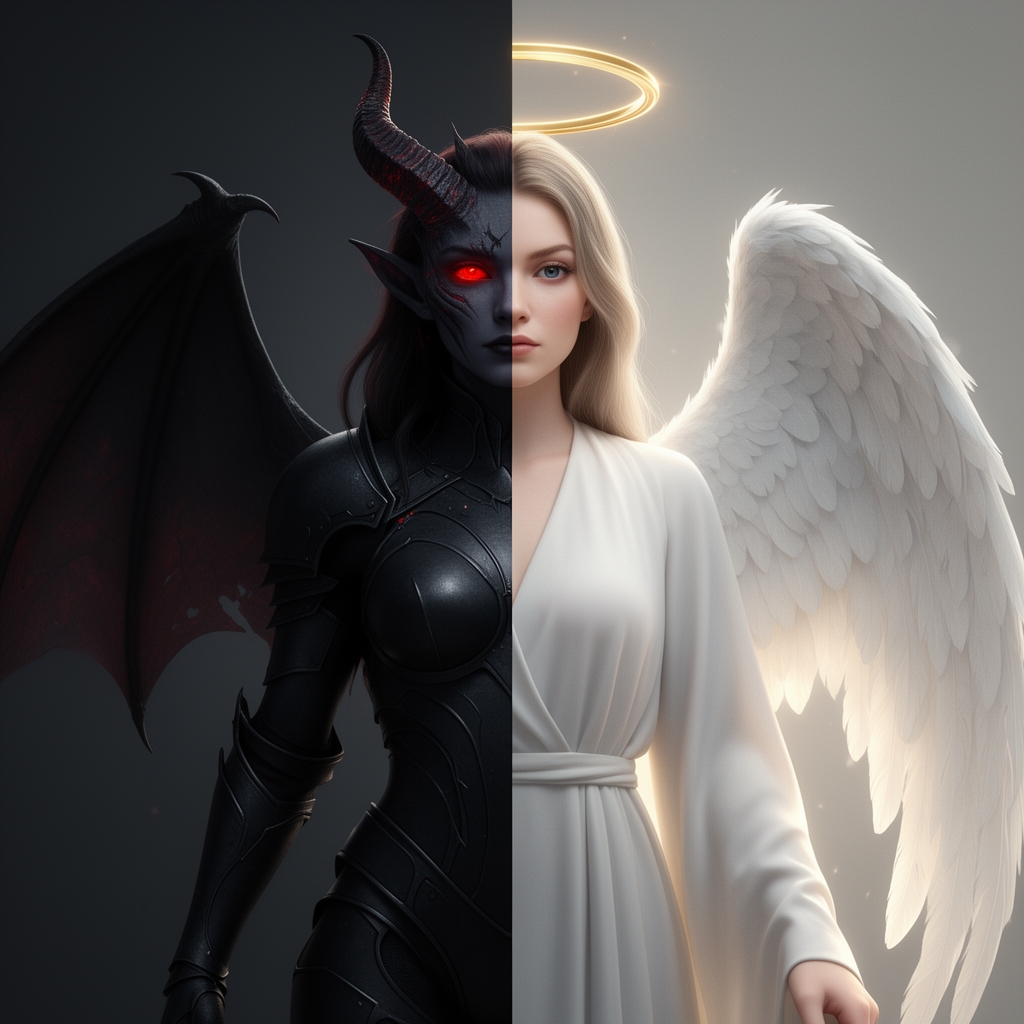 یک دختر زیبا که نصفه صفحه شیطانی و نصفه دیگر فرشته است که سه بعدی است0