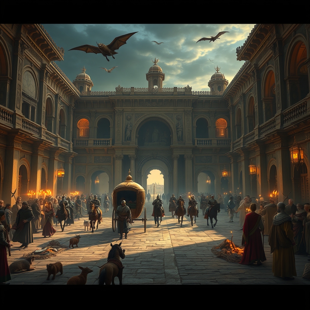 قصر بزرگ باستانی فادوو با مردم باستانی شوالیه و اسب سوار و سرباز و مردم و حیوان فروش و کالسکه باستانی و حیوانات و موجودات افسانه ای پرنده طلوع خورشید و نور های عجیب4