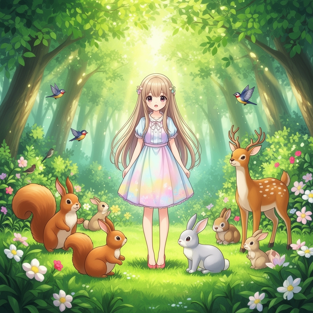 دختری در جنگل دارد با حیوانات بازی می کند
3