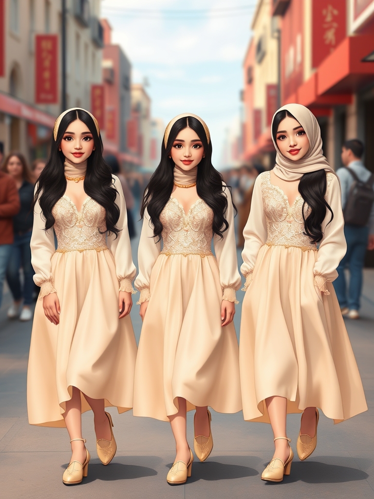 سه قلوها،زهرا،فاطمه،زینب سه خواهر سه قلو و شبیه هم هستند و سه قلو ها در حال راه رفتن در خیابان هستند و توجه همه را به خود جلب کرده و هر جا که می روند همه آنها را نگاه می کنند و هر سه تاشون موهای خیلی بلند و مشکی دارند و با شباهت خیره کننده شان همه را مجذوب خود کرده اند و لباس هر سه تاشون کرمی و براق و اکلیلی و دامن بلند و پف پفی مانند پرنسس ها است و می درخشد و کفش های کرمی و براق دارند و آرایش دارند و به دوربین نگاه می کنند و انیمه هستند و لبخندی ملایم و لب های سرخ دارند3