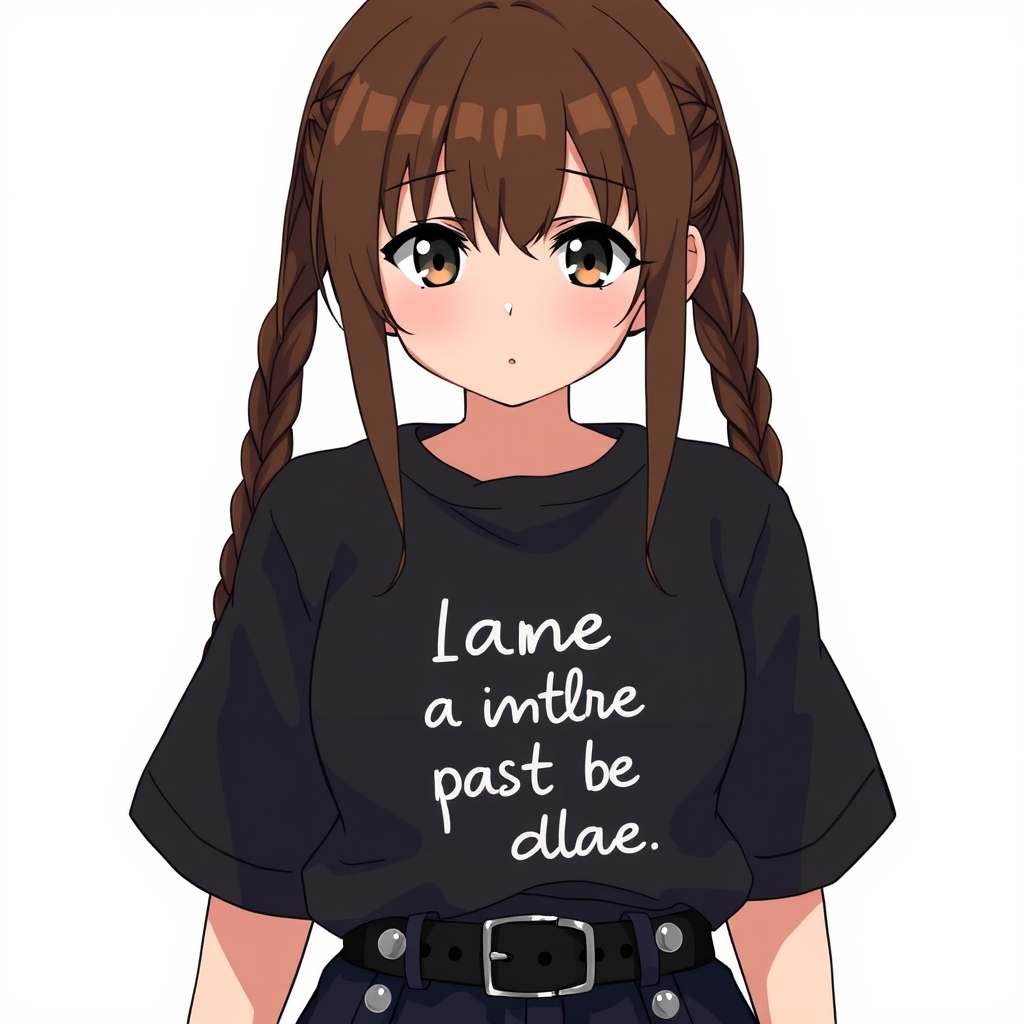 دختری با موهای قهوه ای و چشایی قهوه ای که موهاشو بافته ۲ تایی
تیشرت مشکی پوشیده که روش اینگلیسییی یه چیزی نوشته با رنگ سفید و شلواری به رنگ آبی تیره پوشده و کمر بند مشکی با سوراخ های نقره ای داره1