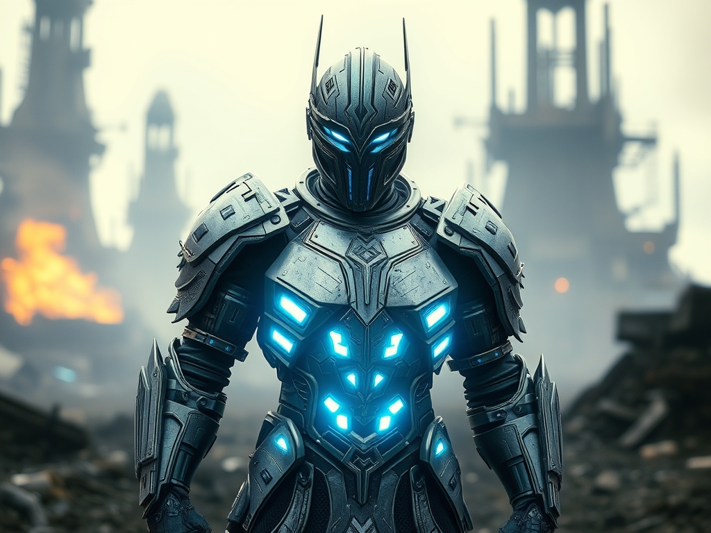 یک شوالیه آینده‌نگر با زره اسکلت خارجی درخشان، ایستاده در دنیایی پسا‌آخرالزمانی.18