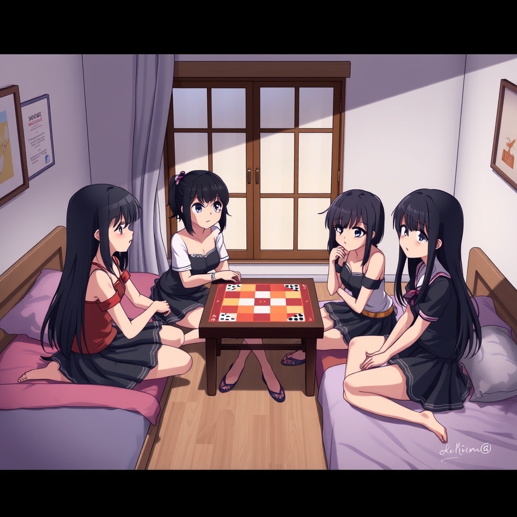 ۴ دختر مو سیاه که قد های کوتاه و بلند دارند و دارند در یک اتاق که ۲ تخت خواب دارد بازی فکری می کنند0