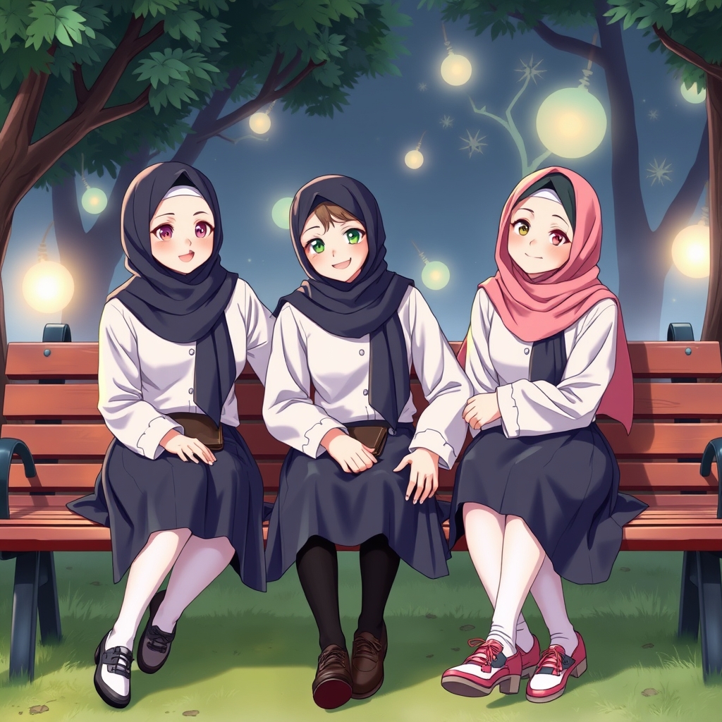 سه دختر باحال با حجاب با یونیفورم مدرسه شبیه هم که روی نیمکت نشسته اند و همدیگر رو بقل کردند 18