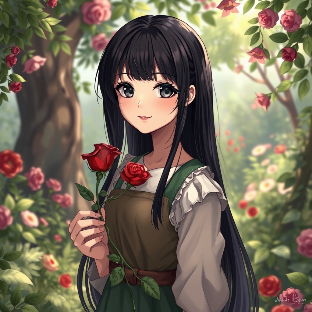 یه دختر که توی یه باغه موهاشم مشکیه یه گل رز سرخم دستشه که یه لبخند خیلی خوشگل روی لباشه اطرافشم پر گل و برگ و درخت باشه رنگ چشاشم مشکی باشه2
