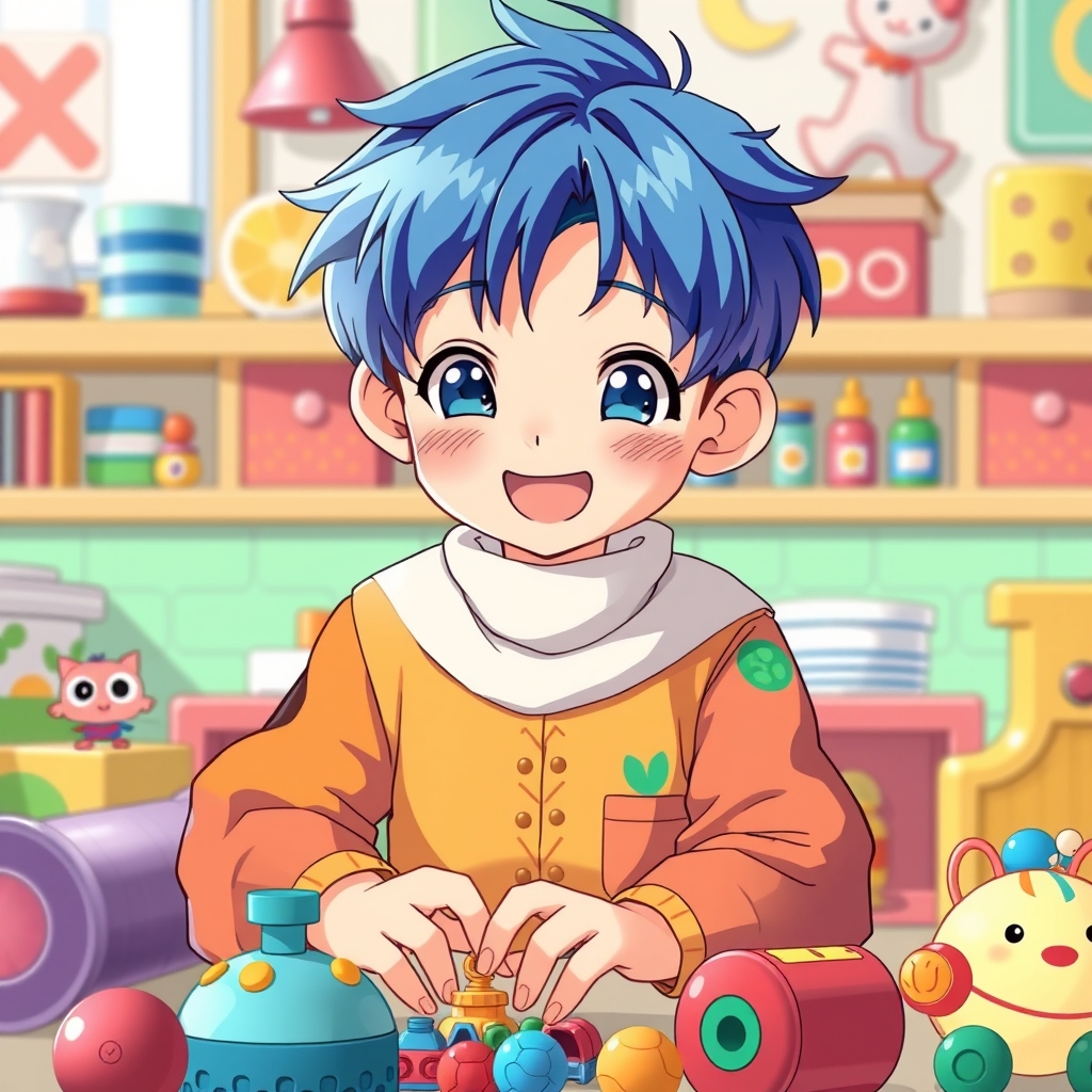 یک پسربچه ی مو آبی با لباسای خوش‌کل که داره با اسباب‌بازی هاش بازی می‌کند و خوشحال است1