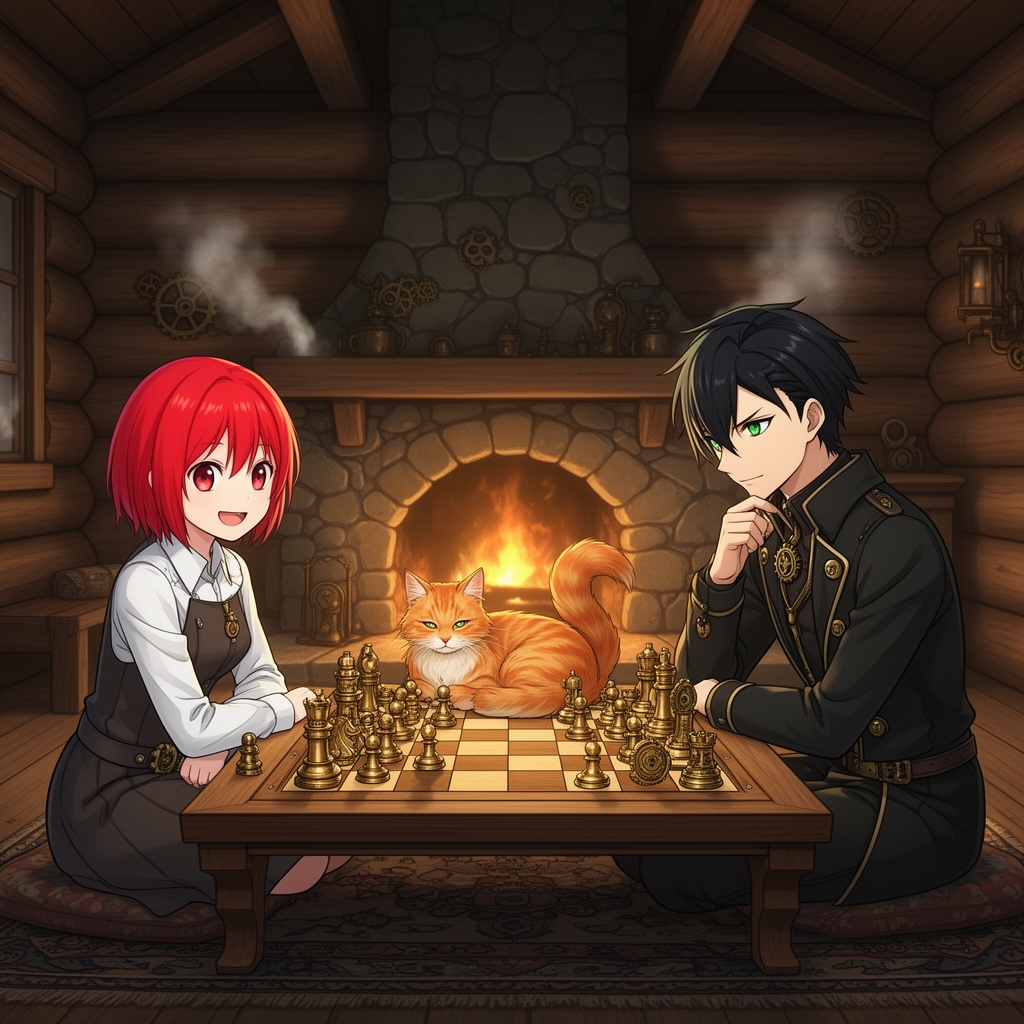 یک صفحه شطرنج به سبک استیم‌پانک با مهره‌هایی به شکل چرخ‌دنده‌ها. که یک دختر با موهای قرمز کوتاه ث پسری با موهای مشکی و چشمان سبز دارند باآن بازی می‌کنند و گربه ای کنار آنها لم داده آنها در کلبه ای هستند و روبروی شومینه نشستند با کیفیت و جزئیات پسر مغرور و هوش قیافه و دختر بامزه و باهوش به نظر نیرسند4