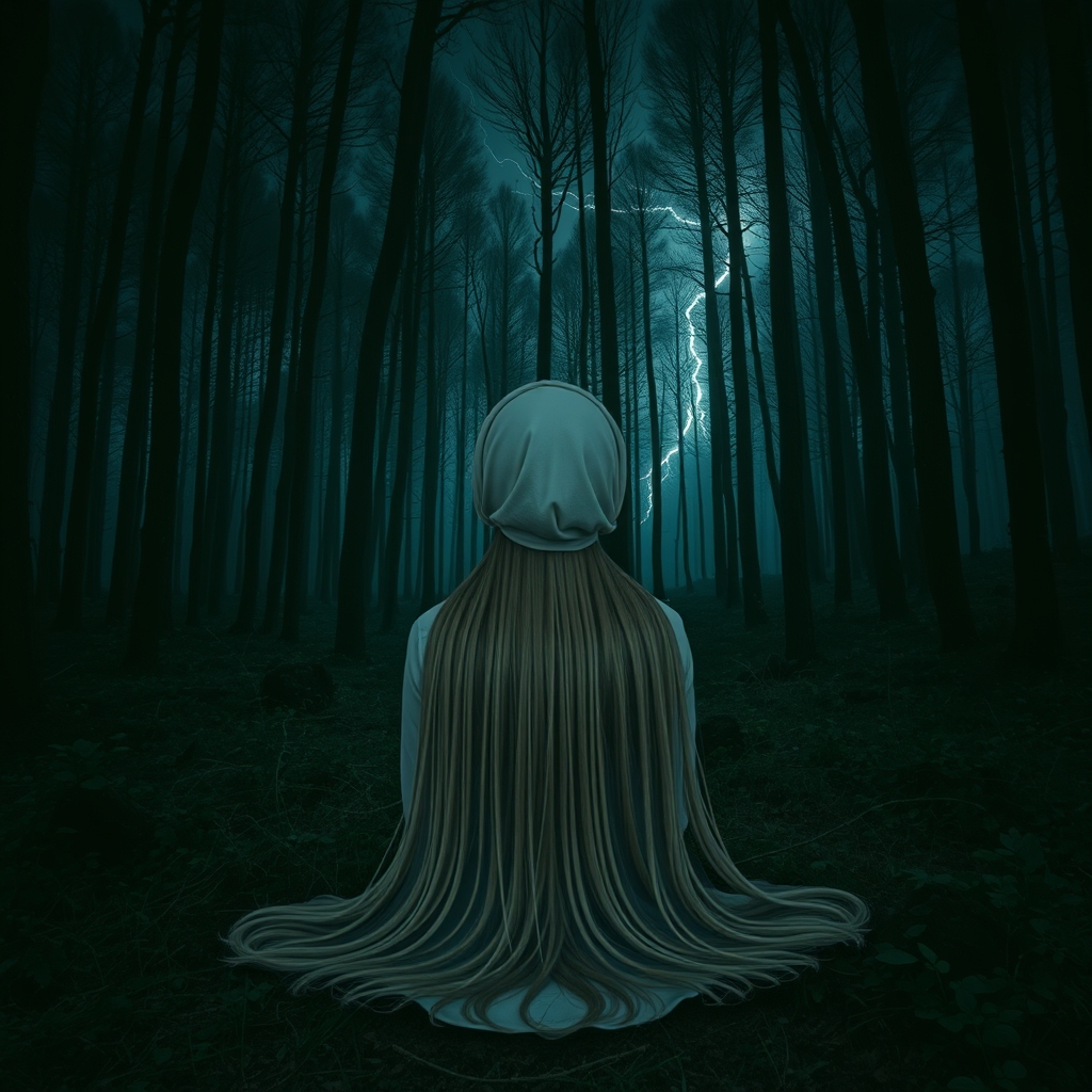 دختری با موهای بسیار بلند که روی زمین افتاده و دختر به پشت تصویر است توی جنگلی تاریک و ترسناک و کلی درخت توی شب و رعد و برق بزند17