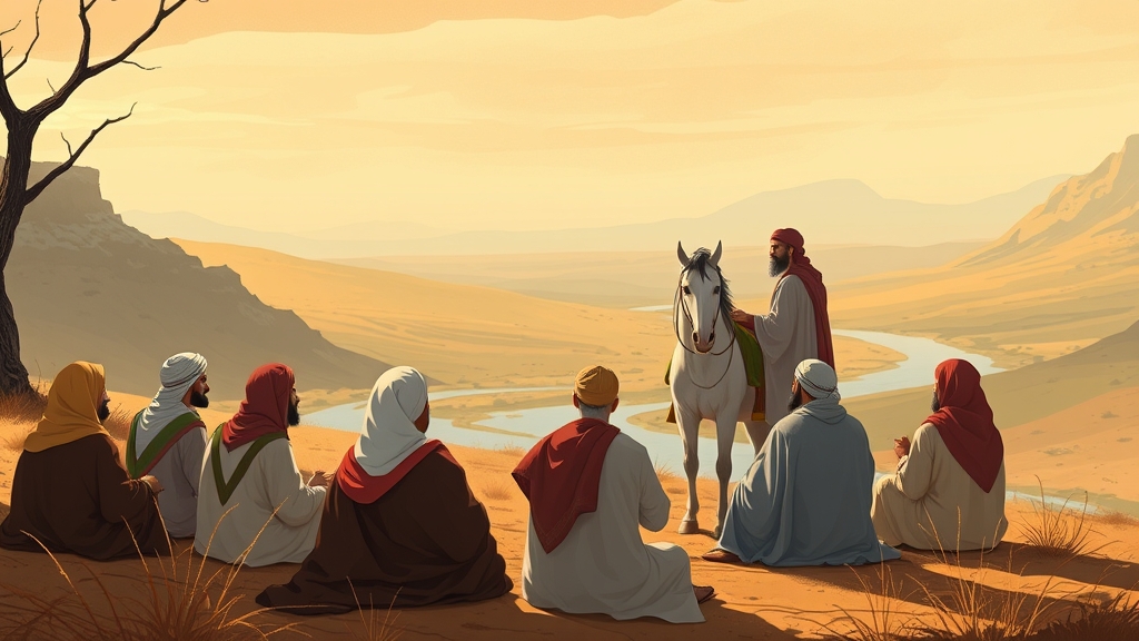 امام حسین (ع) در کنار اسب سفیدشان  از جمعیتی از اهالی عرب کربلا در وادی نینوا نزدیک رود فرات که  نشسته اند سوال و جواب میکنند
5