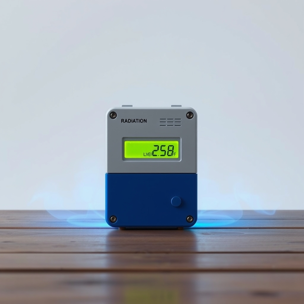 عکسی فانتزی از یک آشکارساز رادیواکتیو مستطیلی ساده که یک LCD برای نشان دادن میزان وجود دارد ولی خاموش است همچنین نصف پایین آن آبی و بالایش سفید است و روی یک میز چوبی است پس زمینه سفید23