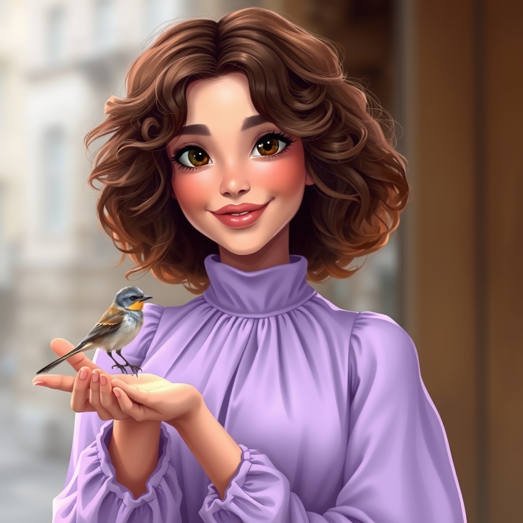 دختری با موهای کوتاه فر پر حجم قهوه ای با لباس یاسی رنگ و جشمانی کشیده و لبهایی صورتی با پرنده کوچکی بر دست بر دوربین لبخند می زند16