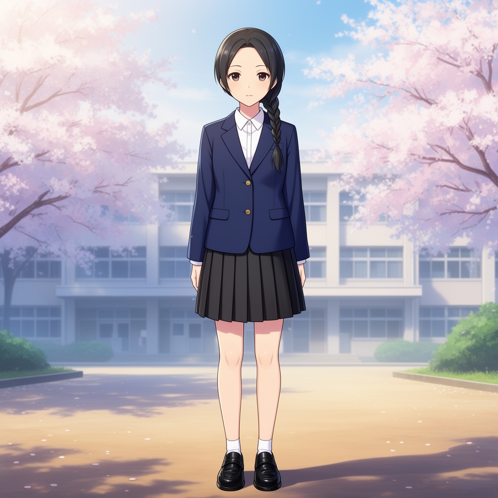 یک دختر بافرمت مدرسه سرمه ای و بامغنه ی مشکی و باکفش سیاه لژ دار با رنگ پوست آن روشن1