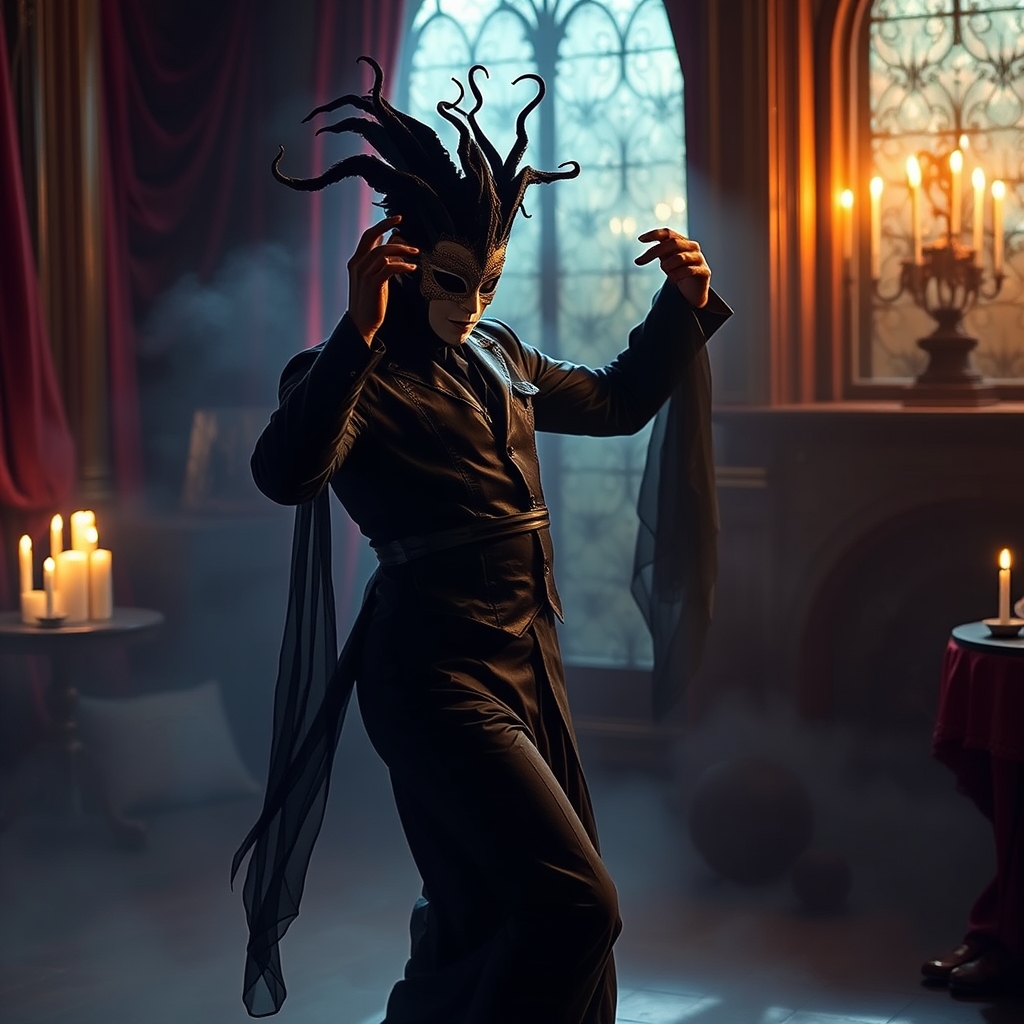 یک رقصنده نقاب‌دار مرموز در حال اجرا در اتاقی روشن با نور شمع.0