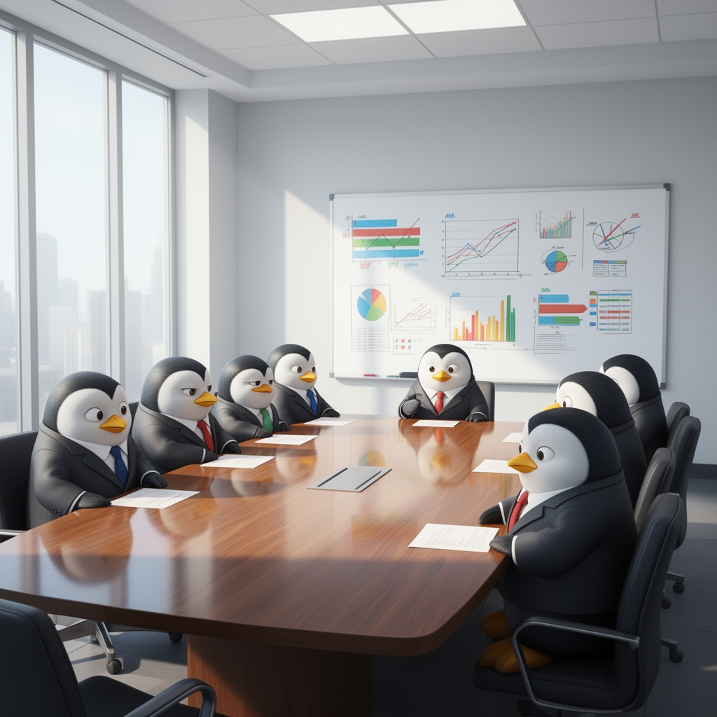 گروهی از پنگوئن‌ها که کت و شلوار پوشیده‌اند و در یک جلسه کاری دور میز نشسته‌اند، نمودارهای فروش روی تخته وایت‌برد، بامزه.0
