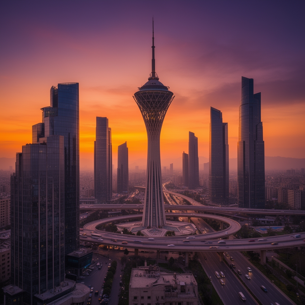 منظرهای از شهر تهران در آینده دور، برج میلاد در میان ساختمانهای شیشهای بلند، اتوبانهای هوایی، غروب آفتاب نارنجی و بنفش.2