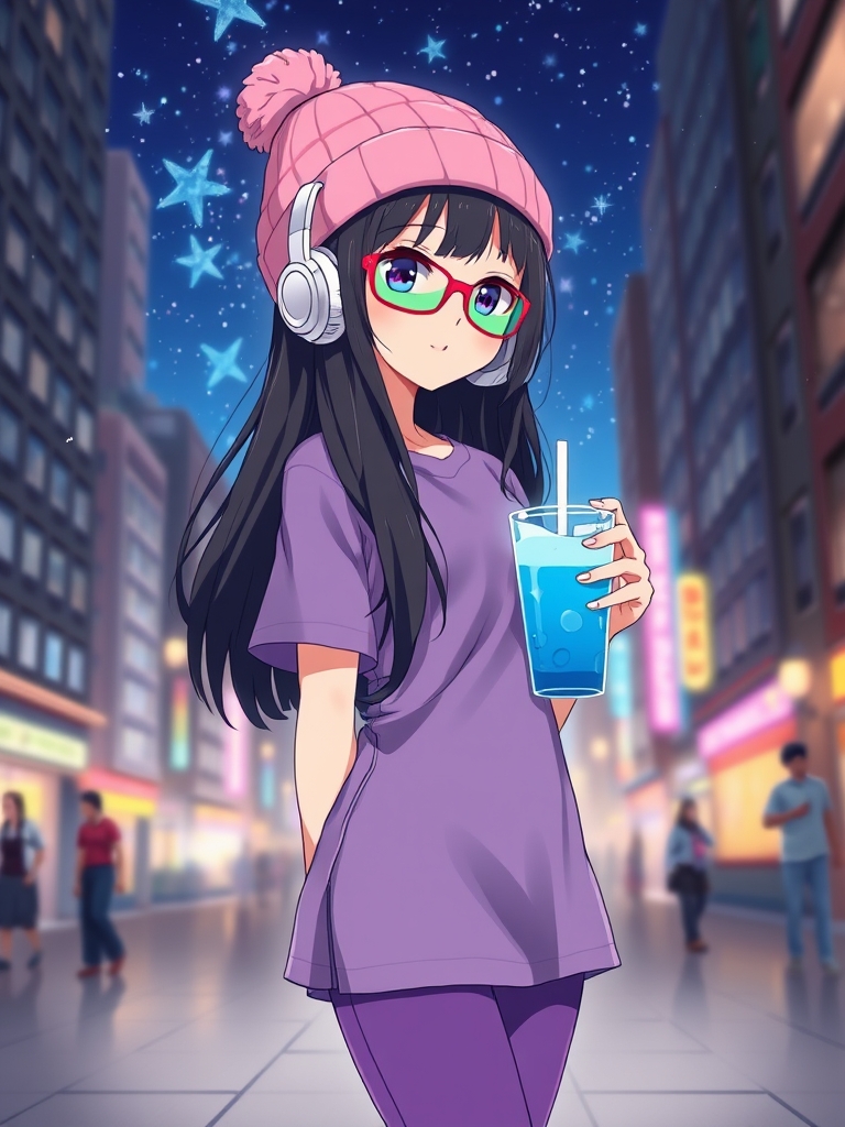 دختری خیلی زیبا با موهای بلند مشکی فر و کلاه کپ صورتی و در حال خوردن بابلتی آبی لباس بنفش شلوار لی چشای رنگین کمونی هدفون سفید در شهر و خیلی زیبا 🌌✨🧋🧋🧋🧋4