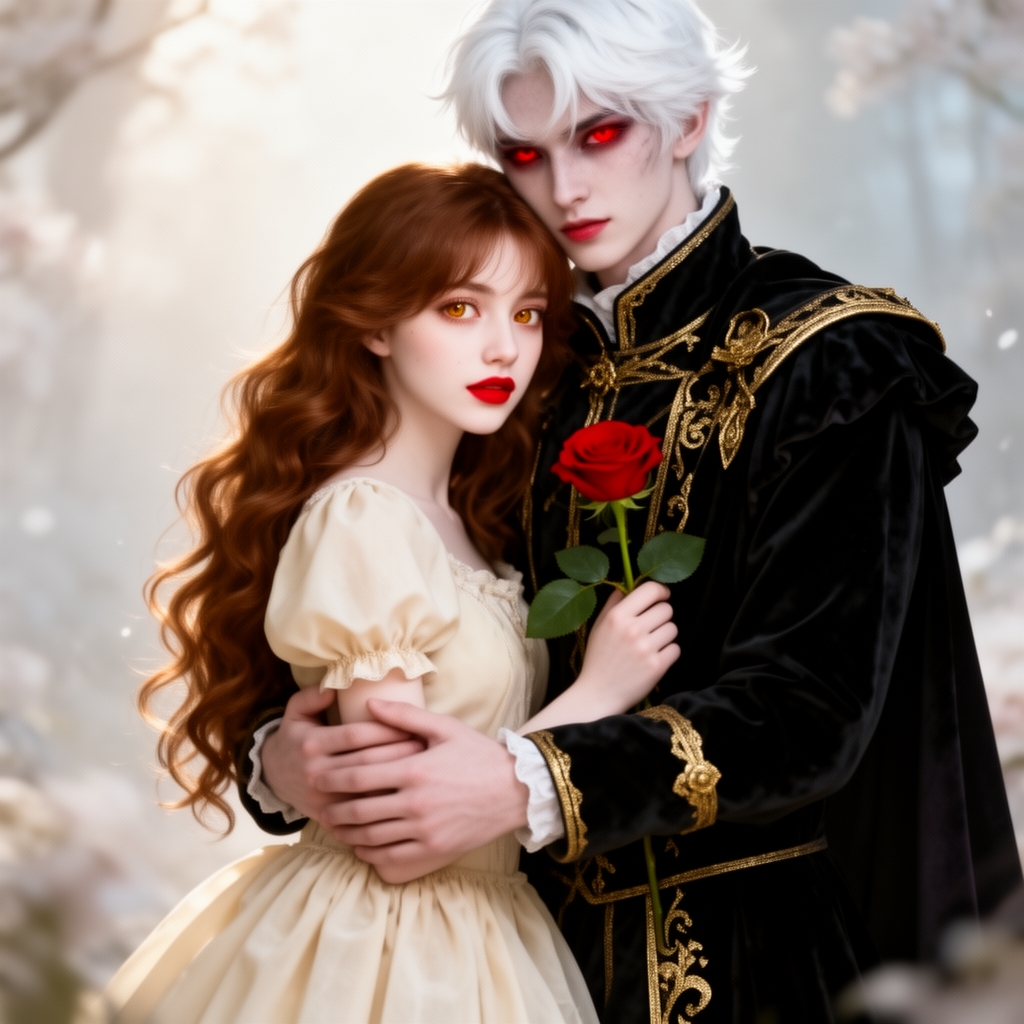 زیباترین زن جوان در جهان حتی در رویایی که شکوه خدا را داشته باشد که نظیر آن در دنیا نباشد و همه به او از شدت زیبایی به او سجده کند که با موهای خرمایی حالت‌دار  بلند  و با چشمان عسلی  و با لبانی سرخ  و با پوستی سفید به رنگ برف که پیراهن کرمی دامن‌دار کمی پفی رنگ زیبایی باشد که لای موهایش شکوفه زیبایی باشد و در دستش گل رز قرمزی باشه و  در اغوش  مرد جوان خوناشام هیولا مانندی با چشمانی سرخ و و با موهای سفید رنگ با قامتی بلند وبا پوست سفید لباس مشکی طلایی سلطنتی برتن 2