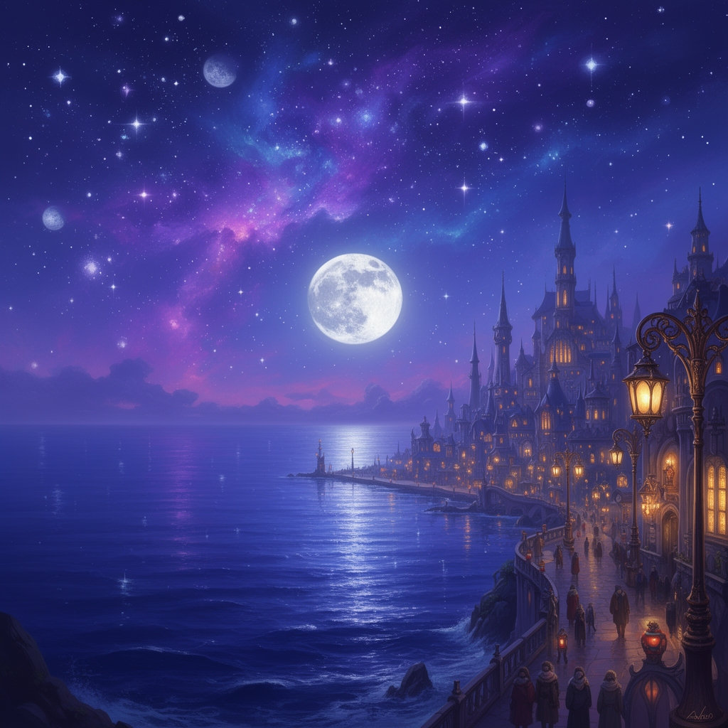 نمایی از یک شهر ساحلی که تضاد بین اقیانوس آبی پر جنب و جوش که آسمانی کهکشانی دارد و ستارگان بزرگ و کوچک  در حال درخشیدن و چشمک زدن  هستند به رنگ های بنفش و نیلی و صورتی متمایل به بنفش که  بازتاب آن روی اقیانوس هم افتاده  و ماه در وسط میدرخشد 3
