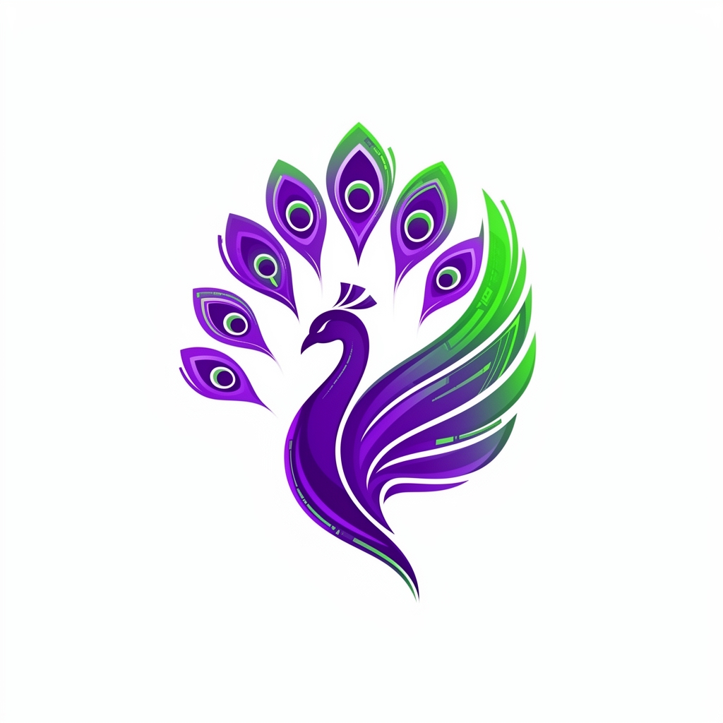 Colorful vector logo in the shape of a peacock bird, designed with soft curved lines, purple and green gradients, simple white background.0