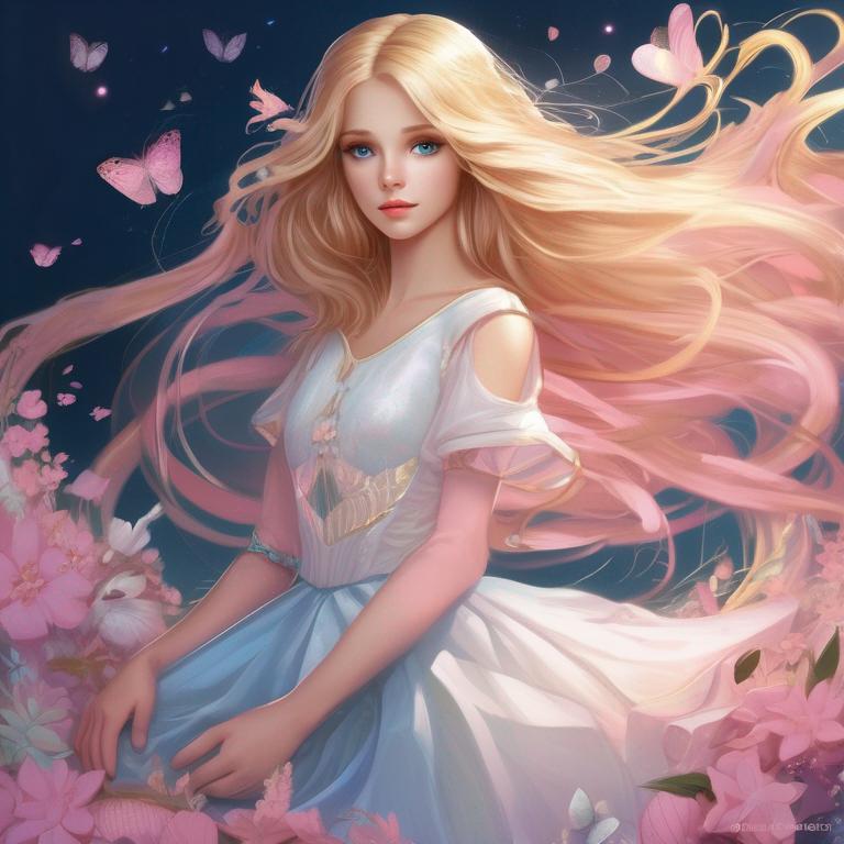 یک دختر مو طلایی چشم ابی لباس صورتی دامن سفید
1