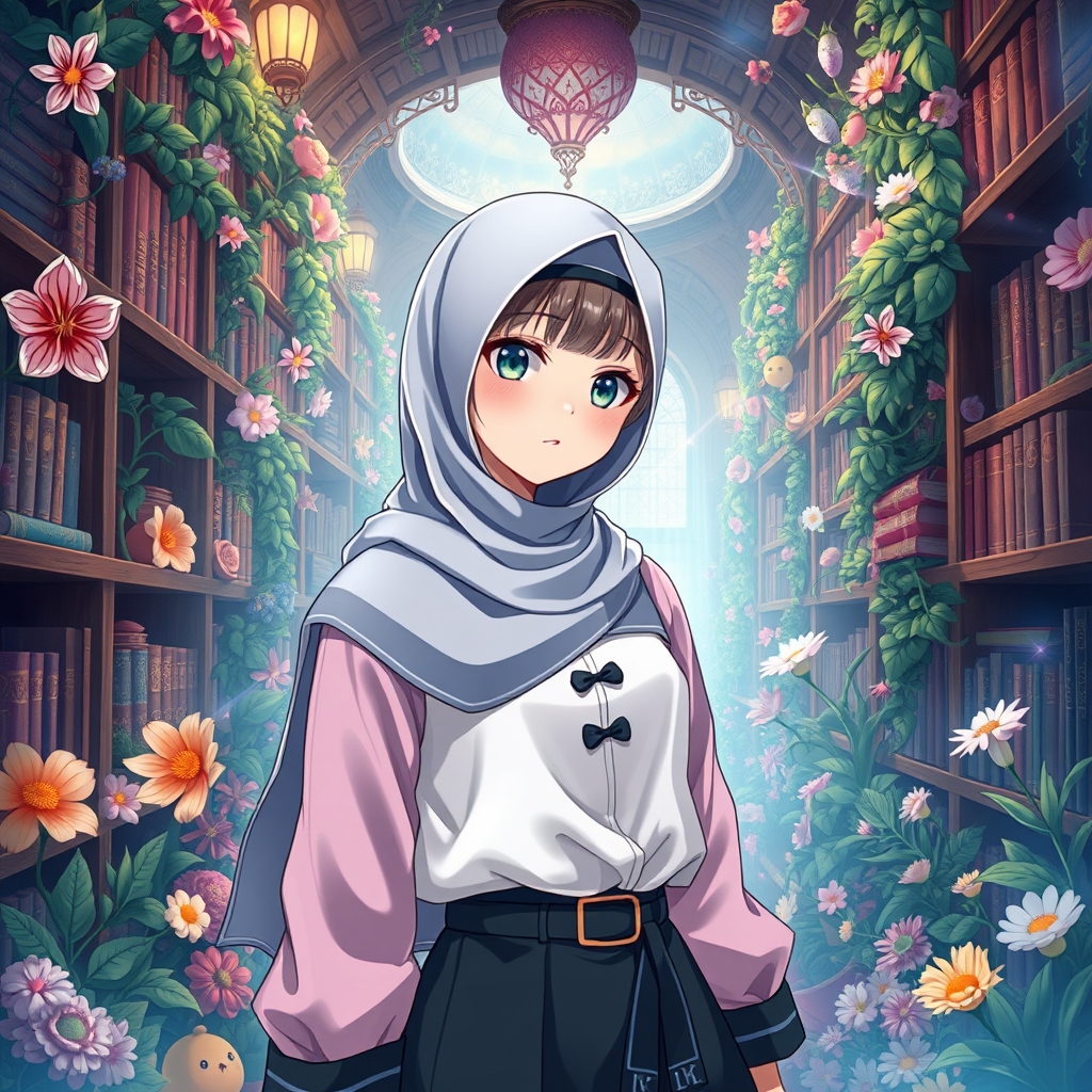 یک دختر باحجاب در کتاب خانه ای جادوگری پر از گل و گیاه و رنگ های جذاب و لباس جذاب7