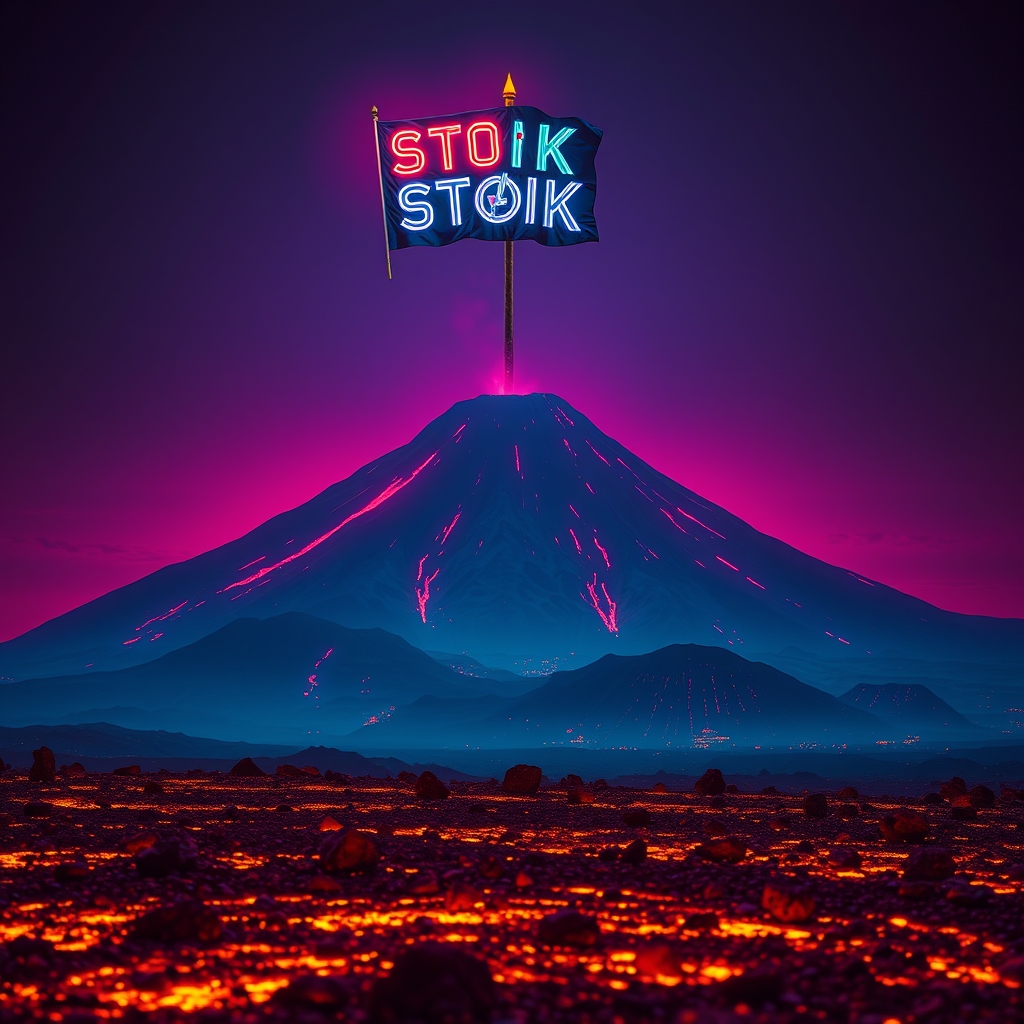 یک تصویر دور از آتشفشان. یک پرچم خیلی بزرگ روی کوه آنجا باشد که با فونت انتقام جویان و نورپردازی نئون روی آن نوشته شده باشد : STOIK
این عکس روی زمین پر از دود های آتیشی باشد.
سنگ های ریزی آنجا ریخته باشد.
نورپردازی نئون این عکس آتشین باشد.0