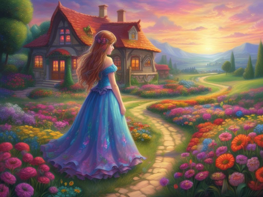 دختری زیبا باموهای بلند. ولباس پرنسسی خوش رنگ در. دشت. پر. از. گل های رنگارنگ. وراهی در وسط گل ها که انتهای ان خانهی زیبای رویایی است 22