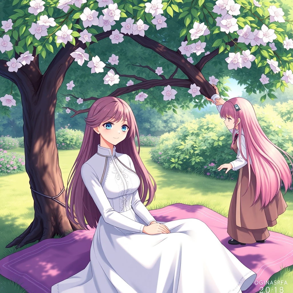 عکس بانوی زیبا و جوان چشمانی آبی و پوستی مرواریدی و موهایی بلند زیبا و پیرهنی بلند و سفید رنگ مجلسی زیبا زیر درختی زیبا روی تابی که به درخت وصله نشسته و دختری دیگر با چشمانی صورتی و موهایی بلند و صورتی صورتی سفید دارد او را هل میدهد14