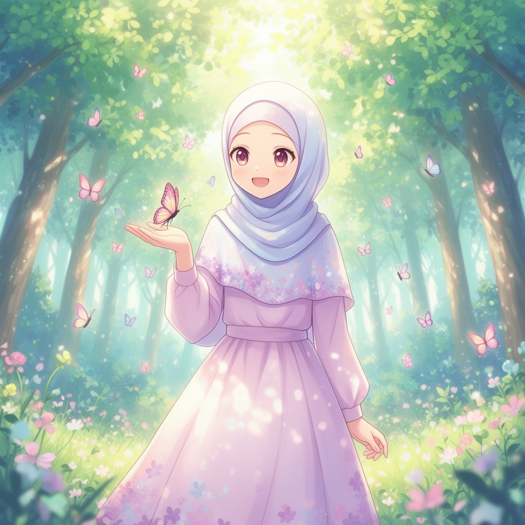 دختر بچه ای خوشحال با حجاب کامل و لباس و روسری زیبا که روی دستش یک پروانه ی کوچک و رویایی نشسته است و در جنگلی زیبا و نشاط آور و رویایی با پروانه های ریز هستند1
