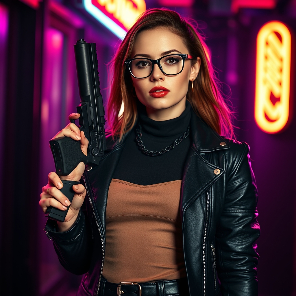 یک دختر با لباس چرم مشکی و عینک مشکی در روی پشت بوم در حال تیراندازی0