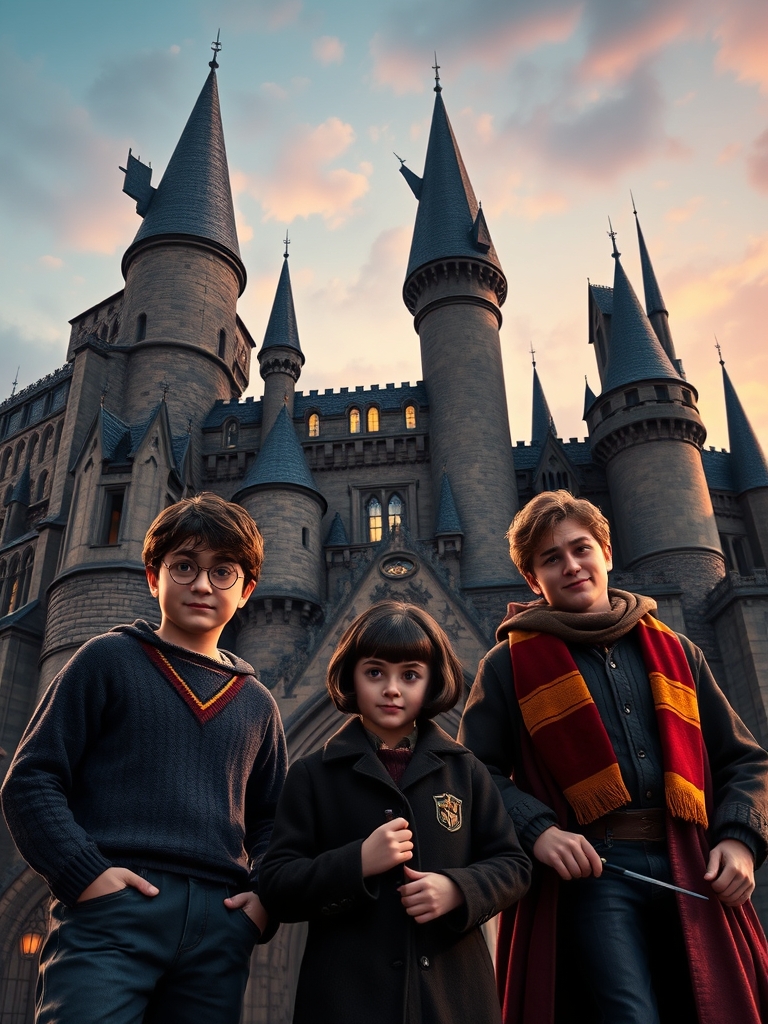 هری‌پاتر و هرماینی گرنجر و رون ویزلی در کنا یک دختر که موهای مشکی کوتاهی دارد در کنار هاگوارتز ایستاده باشند19