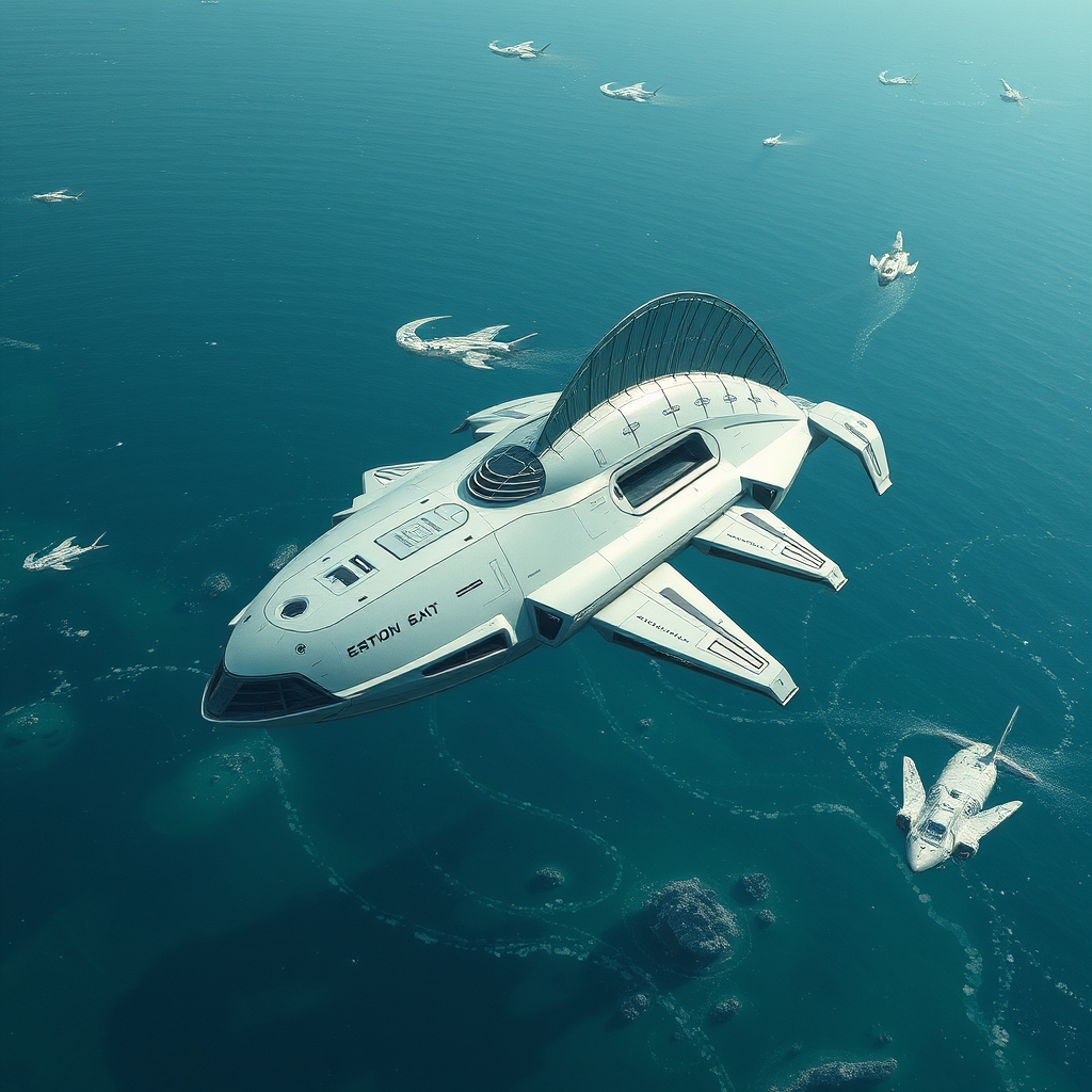 یک سفینه فضایی آینده‌نگر به شکل موجود دریایی، در حال پرواز بر فراز یک اقیانوس بیگانه.1