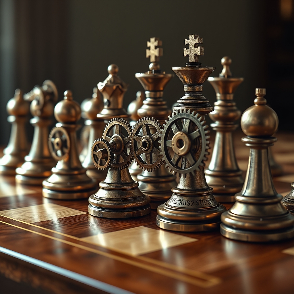 یک صفحه شطرنج به سبک استیم‌پانک با مهره‌هایی به شکل چرخ‌دنده‌ها.18