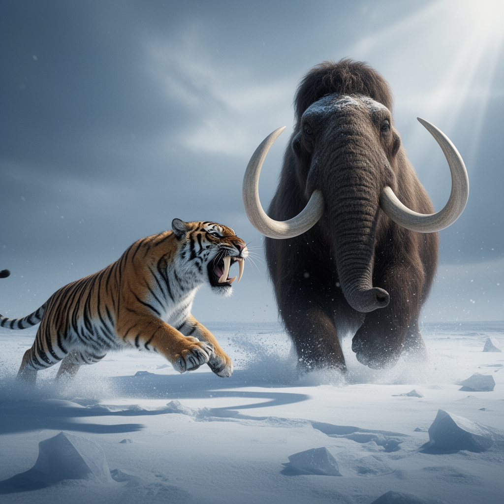 ببر دندان خنجری ماقبل تاریخ درحال شکار یک ماموت4