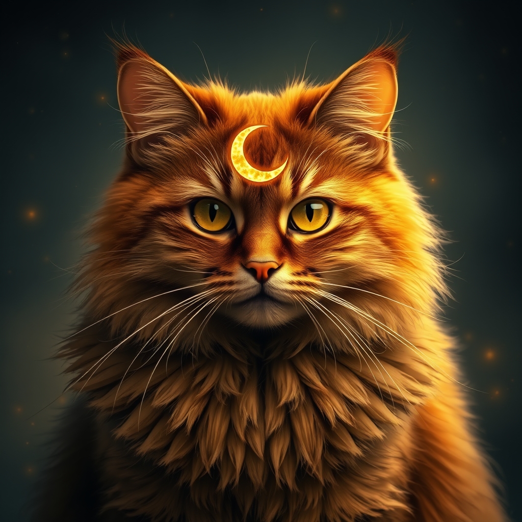عکس گربه طلایی که در پیشونی آن یک نشان ماه است و طلایی است نشان ماه آن و چشمان طلایی و سرمه‌ای دارد و پشمالو  و رنگ آن سرمه‌ای کهکشانی است20