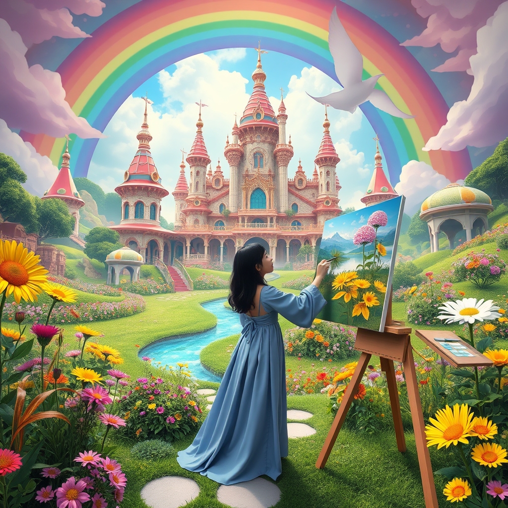 قصر رنگین کمانی دیزی لندی بسیار بزرگ و خفن که باغی رویایی دارد و دختر کره ای دارد نقاشی میکشد 3