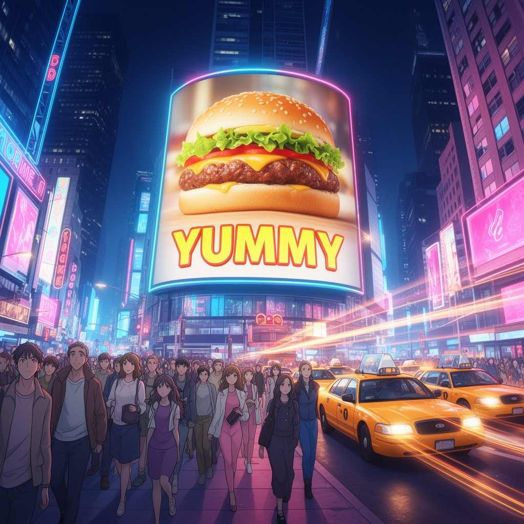 بیلبورد تبلیغاتی بزرگ در وسط میدان تایمز نیویورک که تصویر یک همبرگر را نشان میدهد و روی آن نوشته شده "YUMMY"، جمعیت و تاکسیهای زرد در پایین.5
