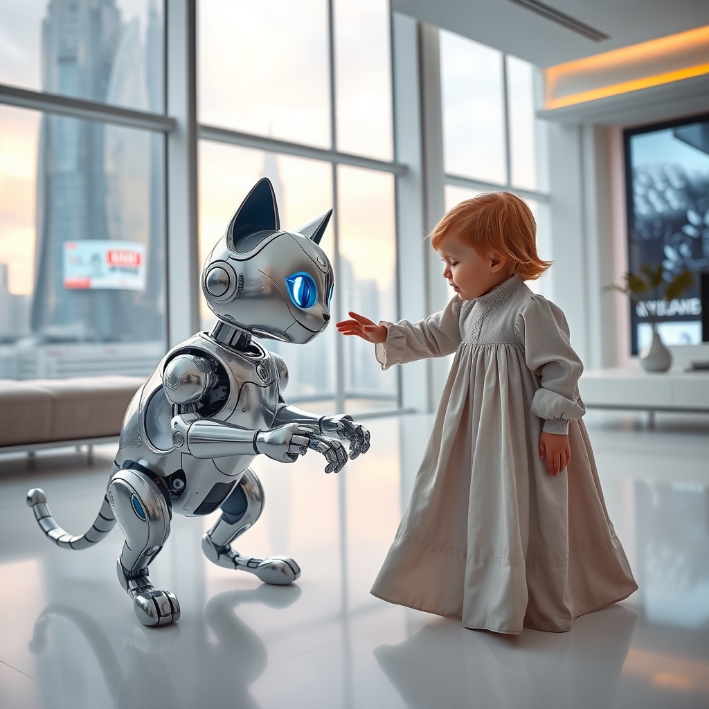 یک گربه ربات بازیگوش با خز فلزی براق، در حال تعامل با یک کودک در یک اتاق نشیمن آیندهنگر.5
