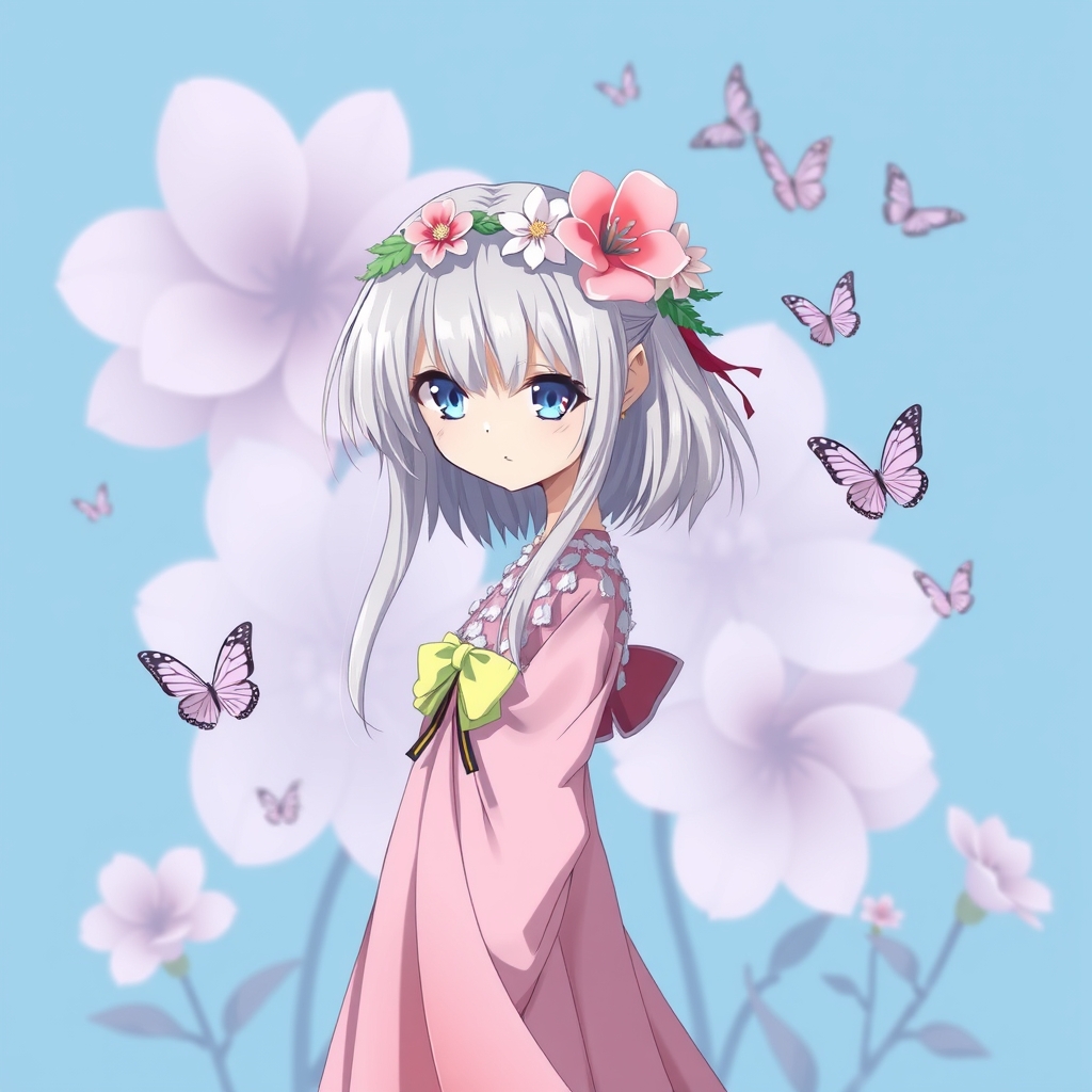 یک دختر که موهای طوسی داره و چشم های آبی دارد و به دوربین دار نگاه میکنند و که تل گل گلی که گل های آن صورتی است رو گذاشته رو سرش و یک لباس صورتی بلند پوشیده است وو پس زمینه آبی باشد و گل های بزرگی پشت سرش رست و پروانه های زیبای دارد دور برش می چرخد
17