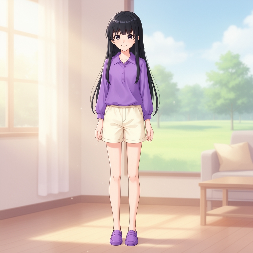 یه دختر ۱۴ ساله لاغر با مو های مشکی بلند با چشمانی زیبا با کراپ بنفش و شلوارک کرم کتون با کفش بنفش3