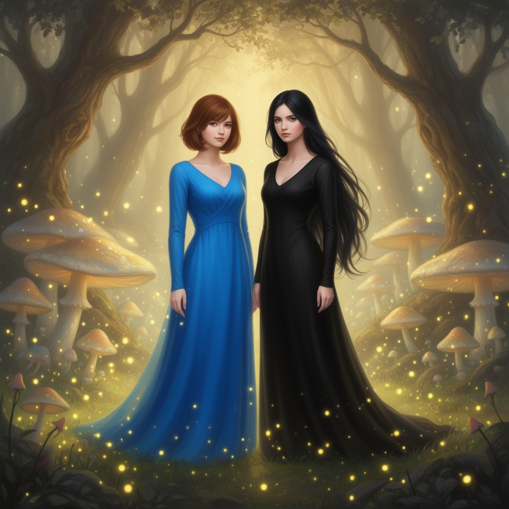 دو دختر یکی موهای خرمای رنگ کوتاه و لباس بلند ابی ودیگری موهای مشکی بلند و لباس بلند مشکی3