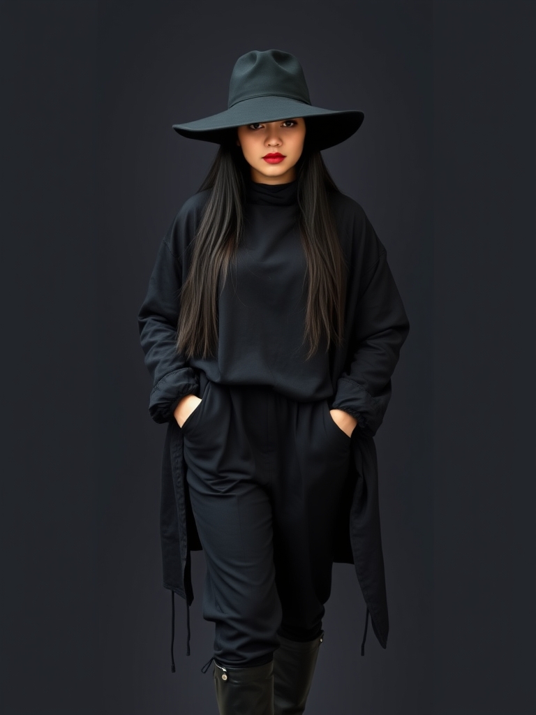 یک دختر ۱۸ یا ۱۹ ساله با کاپشن و شلوار چسب چرم مشکی براق و زیر کاپشنش یقه اسکی مشکی پوشیده باشه کفش نیم بوت مشکی کلاه آفتابی تمام مشکی و رژ قرمز و قد بلند و جنگجو و خشن کل استایلش مشکی باشه موهای خیلی بلنددد مشکی 0