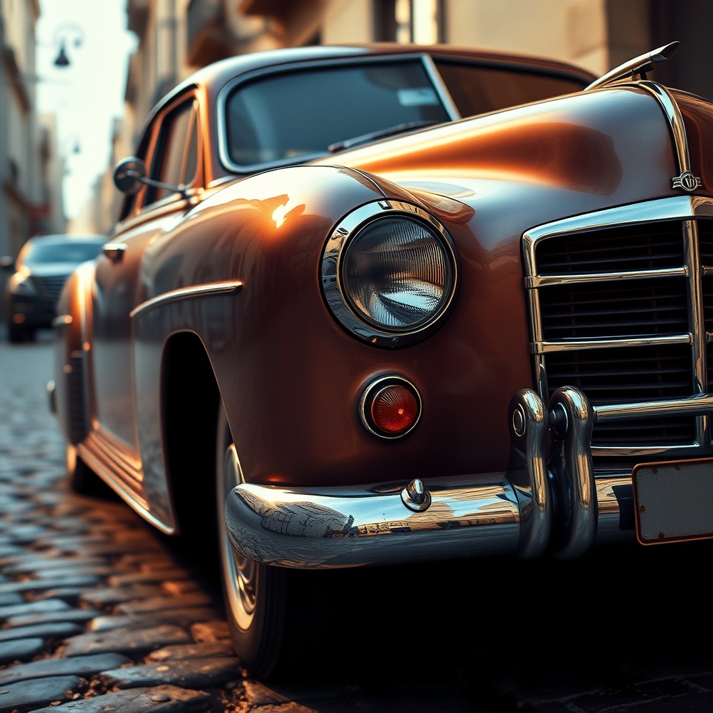 یک خودروی کلاسیک قدیمی با درخشش فلزی، پارکشده روی خیابانی سنگفرش.0