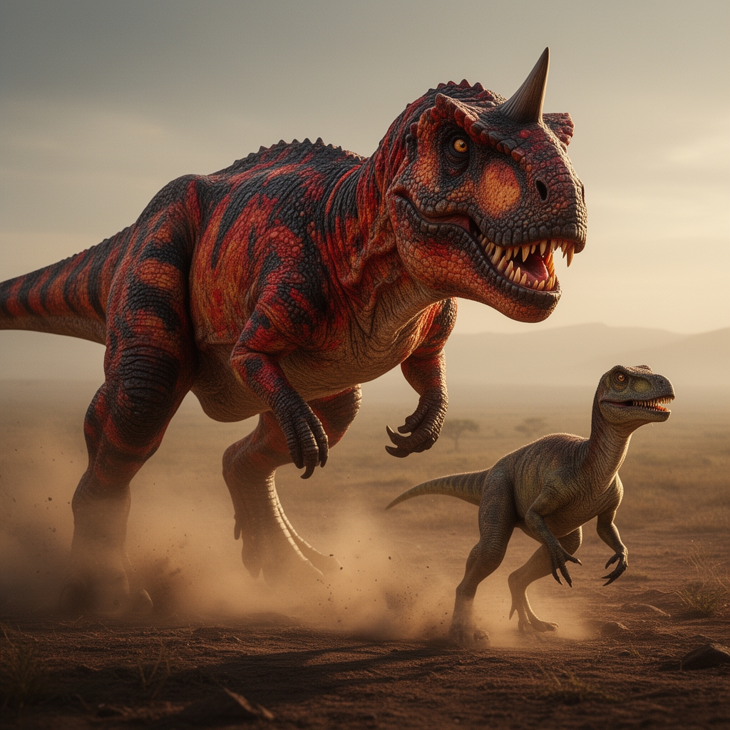 یک کارنوتاروس با پوست سفت و زبر با رنگ قرمز و نارنجی و سیاه و دوشاخ درست بالای چشماش درحال شکار کردن یک دایناسور کوچک3