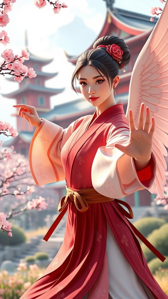فرشته زیباروی با لباس ژاپنی و مدل موی ژاپنی  با آرایش زیبا در حال تمرین کنفو در باغی مانند بهشت با شکوفه های گیلاس و قصری بزرگ و ژاپنی4