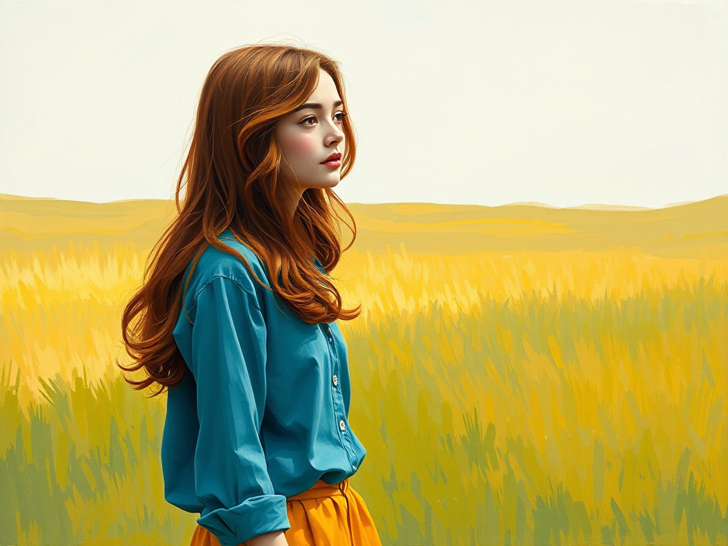 دختری زیبا بل لباس استایل روزانه و به رنگ ابی و زرد و موهای بلند و کمی فر به رنگ خرمایی
در حال قدم زدن که به یک منظره چمن زار نگاه می کند به سبک پست امپرسیونیسم 5