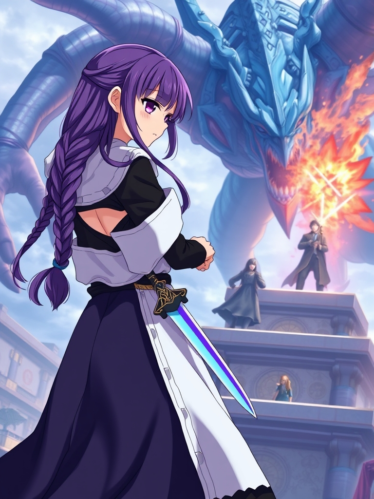 دختری با موهای نصف بنفش و نصف سیاه که دو طرف بافته شده برای شانش ریخته شده با یک شنل پشمی سفید و یک لباس جذب سیاه ا چشم‌های بنفش اکلیلی که در بازی‌های آنلاین در حال بازی است و یک شمشیر به کمر دارد و همراه  دوستان خود در یکی از طبقاتی از انیمه هنر شمشیرزنی آنلاین هنگام جنگ با غول است.4