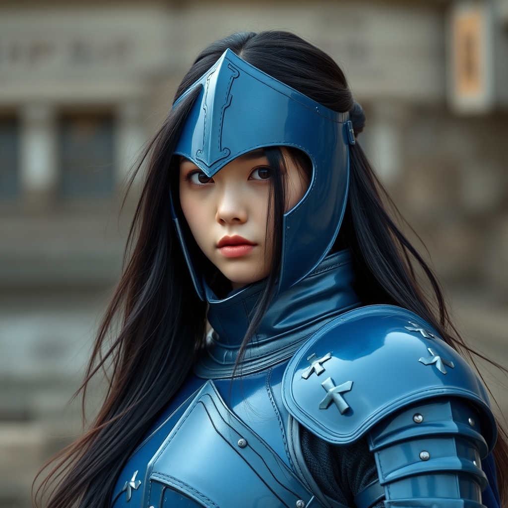 یک شوالیه ای زن با موهای مشکی بلندو زره آبی ای که چهره زیبایی مایل به کره ای دارد بدون کلاه ایستاده 13