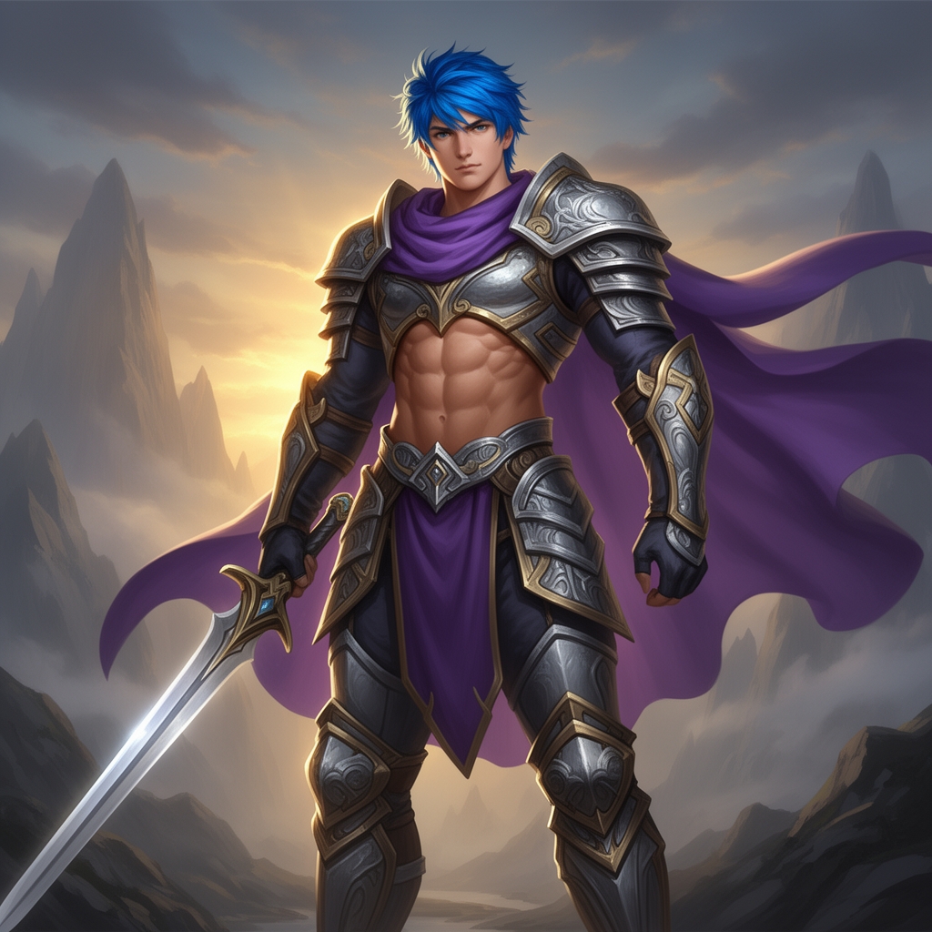 جوان (( مرد )) ورزشکار هیکلی تنومند و شکم شش تکه موهای ابی لباسهای جنگجوی با شنل بنفش 3